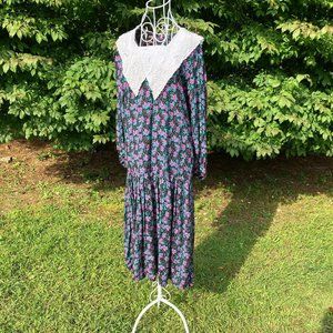 vintage dress dark floral  90s cottage core black purple rose print western farm